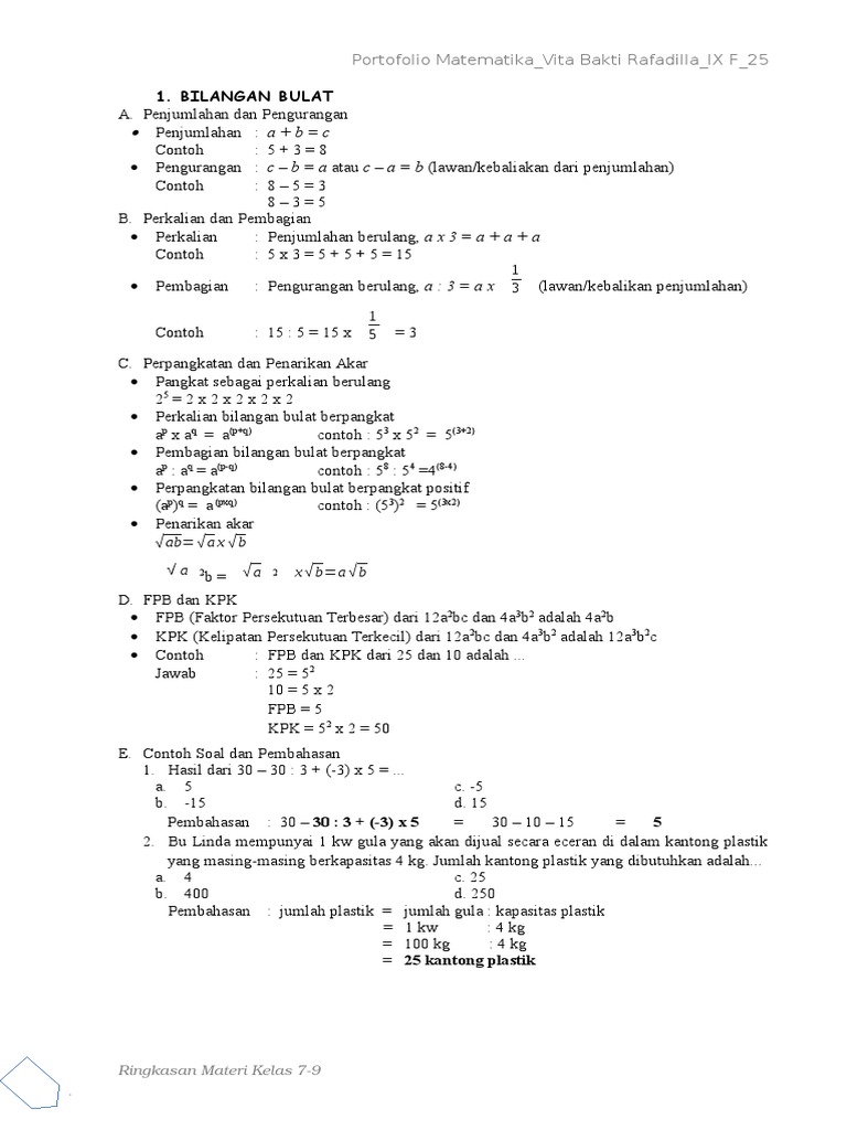Rangkuman Matematika Smp Kelas 7 8 9 Bagikan Kelas