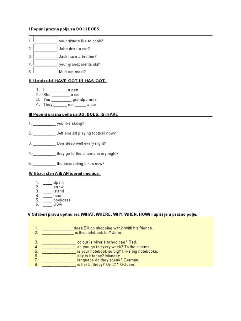 Test iz engleskog jezika, IV razred