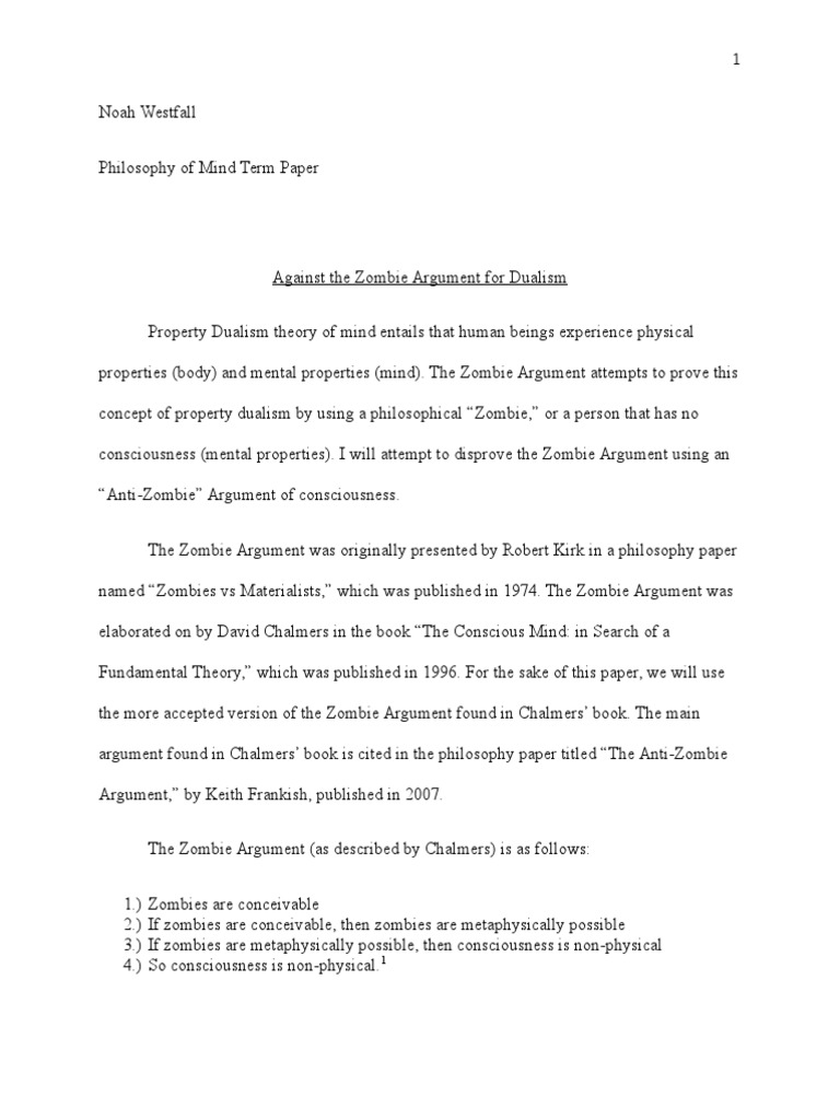 Against The Zombie Argument For Dualism PDF Consciousness