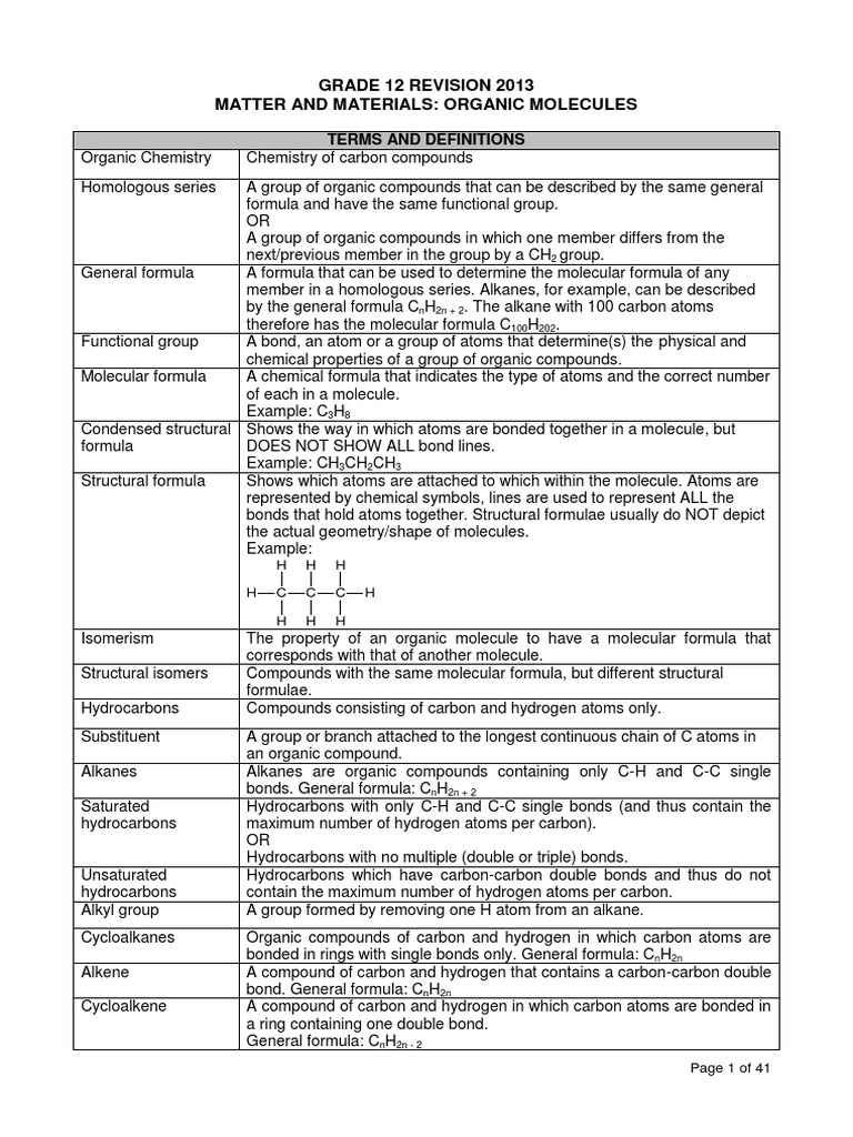 Organic Chemistry Grade 12 Revision | Download Free PDF | Alkane | Alkene