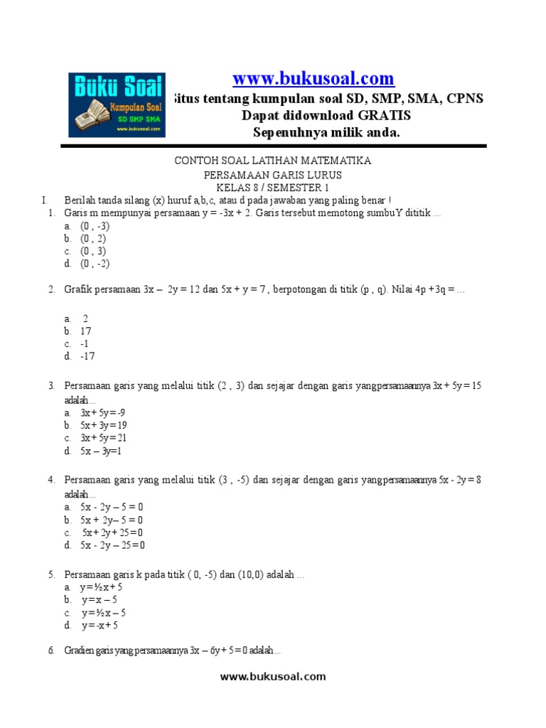 3. Contoh Soal Latihan Matematika Persamaan Garis Lurus Kelas 8 Smp