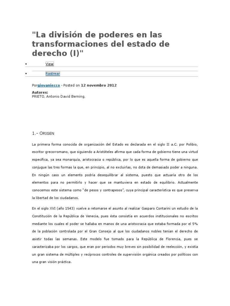 La División de Poderes en Las Transformaciones Del Estado de Derecho | PDF