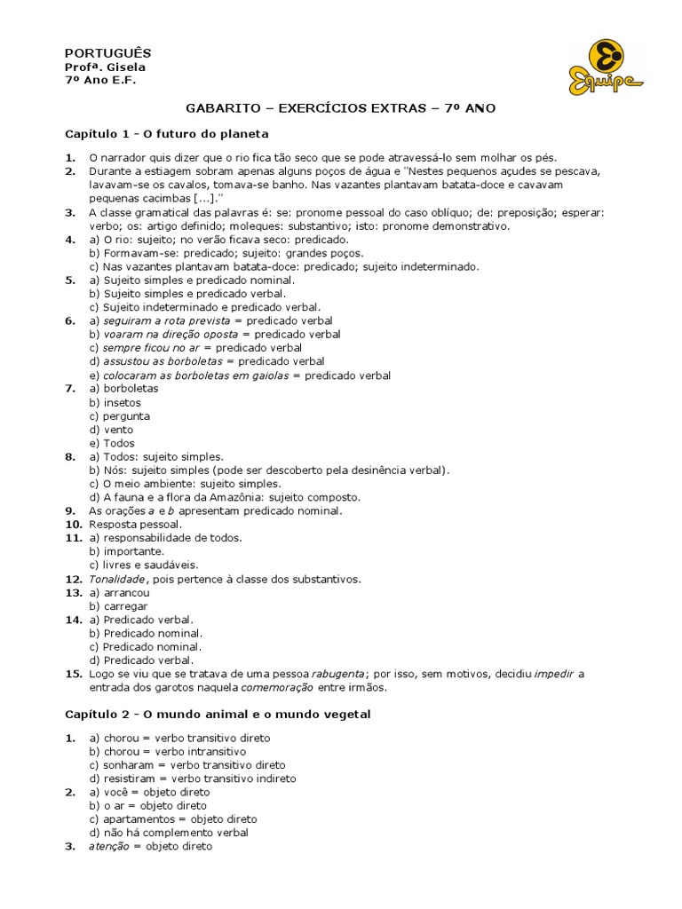 Exercícios de Português 7º Ano com Gabarito | PDF | Assunto (gramática ...
