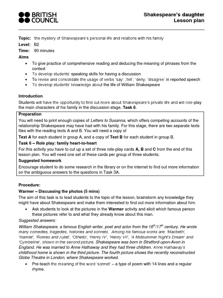 shakespeares daughter lesson plan 0 william shakespeare