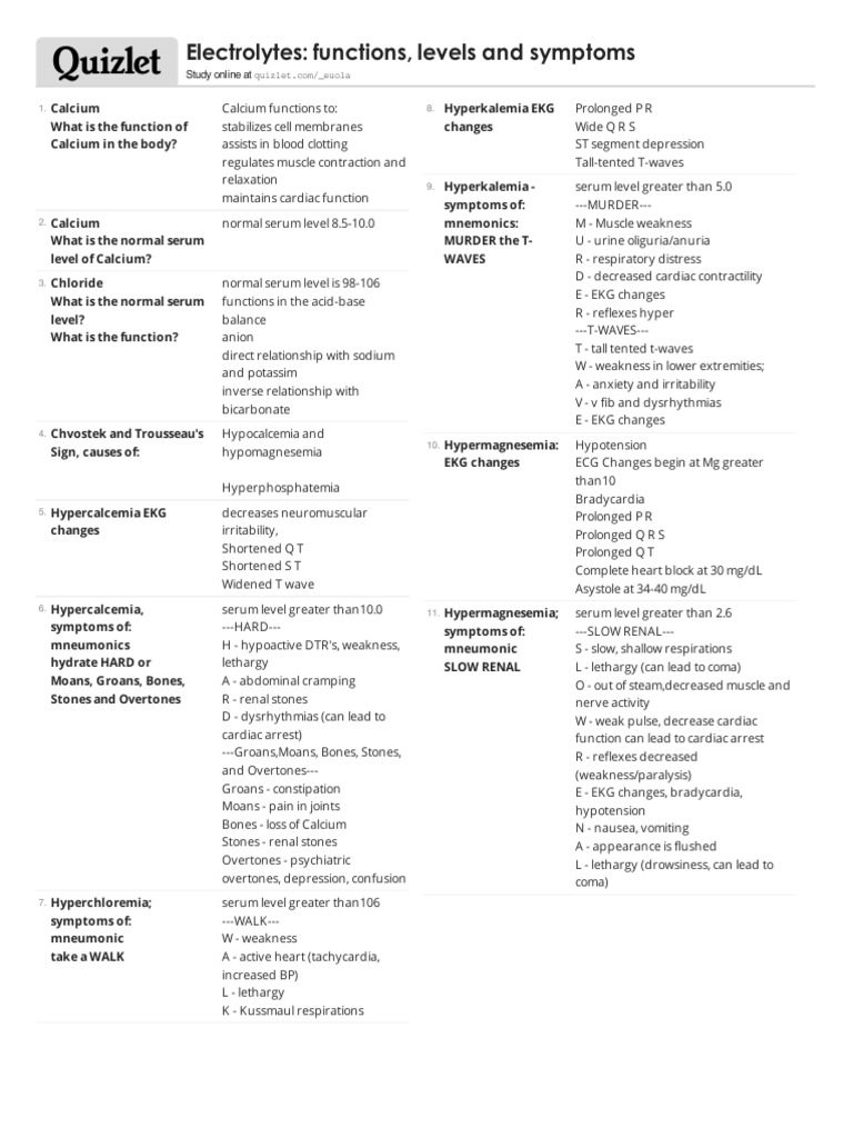 Electrolyte Mnemonic Quizlet Electrolyte Chloride