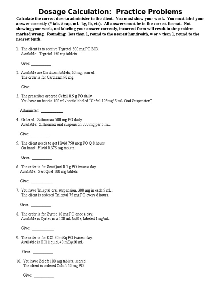 Dosage Calculations, CH 10 Problems | PDF | Tablet (Pharmacy) |  Pharmaceutical Sciences