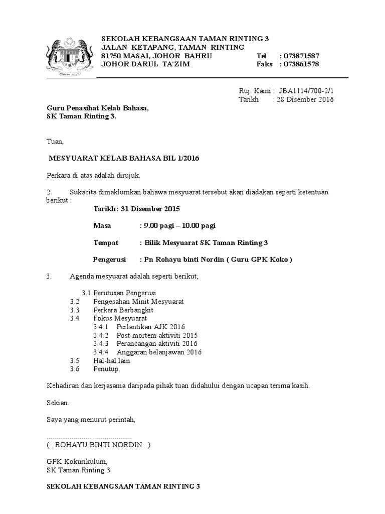 Contoh Surat Panggilan Mesyuarat Pibg