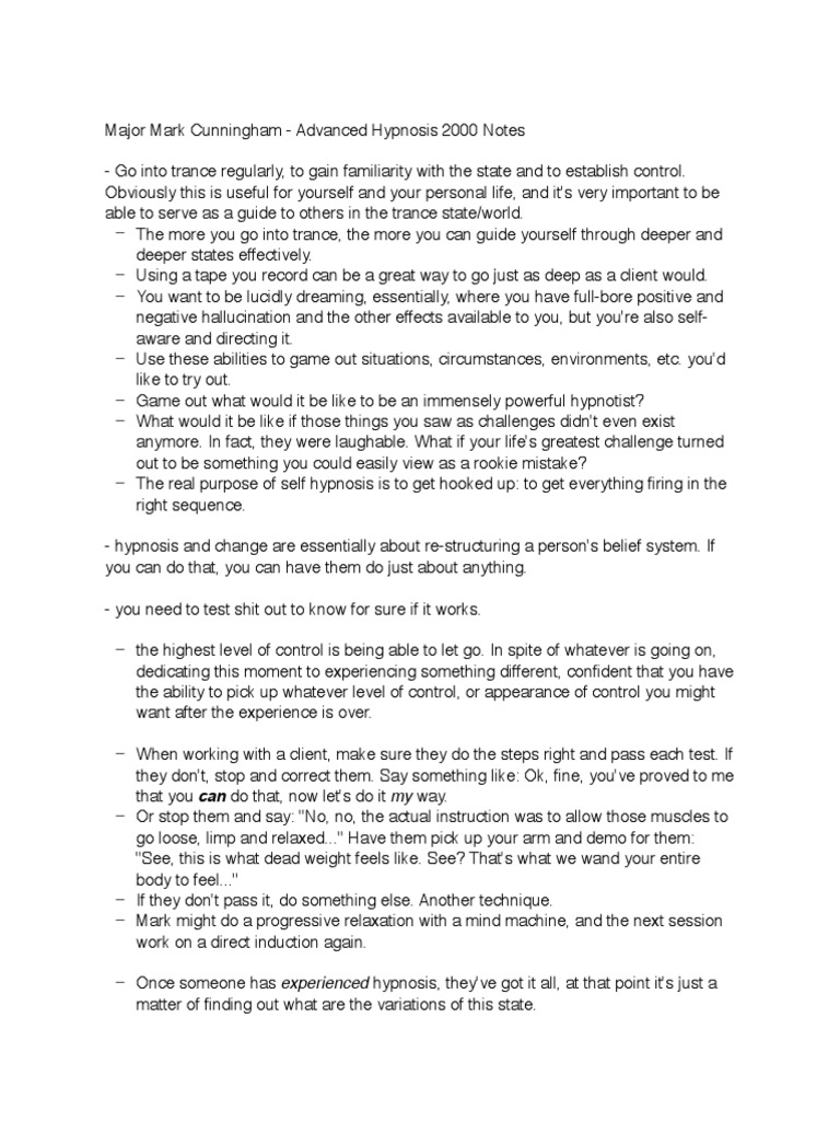 Major Mark Cunningham - Advanced Hypnosis 2000 Notes Major Mark Cunningham - Advanced Hypnosis 2000 Notes