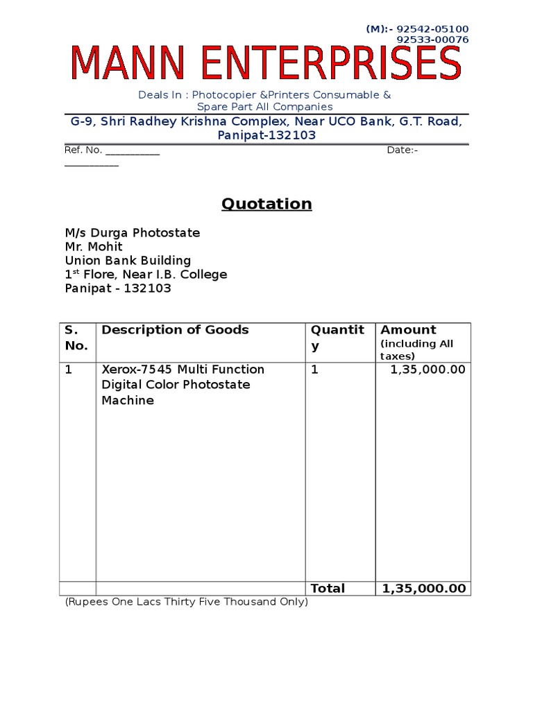 Quotation for Xerox Photostate Machine | PDF | Business