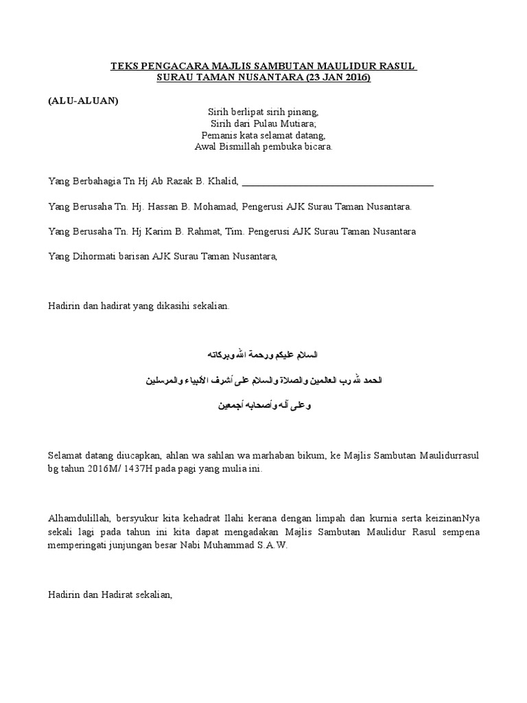Teks Pengacara Majlis Sambutan Maulidur Rasul Surau Tmn Nusantara (23