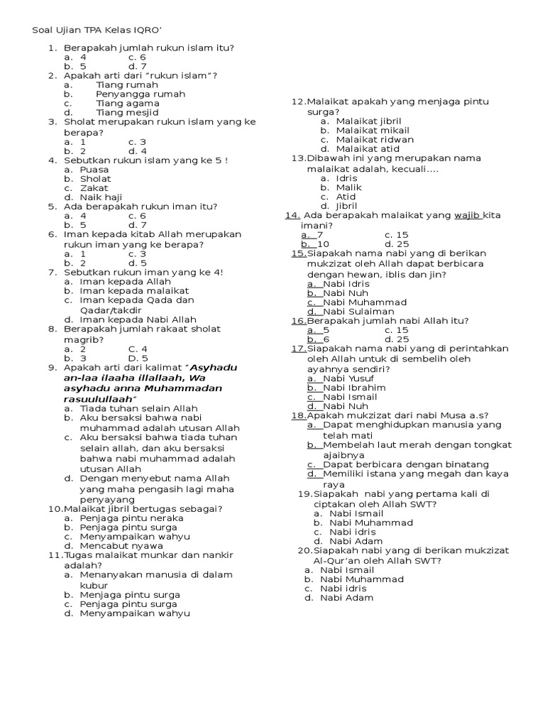 Soal Ujian Tpa Kelas Iqro Docx