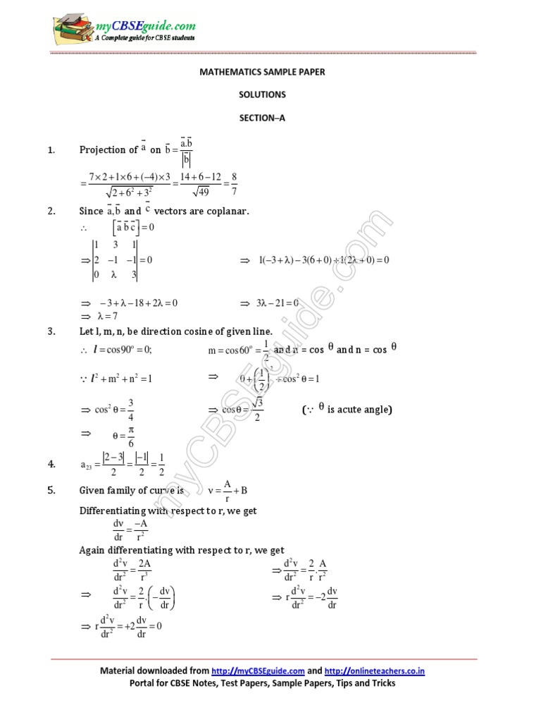 Mathematics Sample Paper Solutions Section-A | PDF | Trigonometric ...