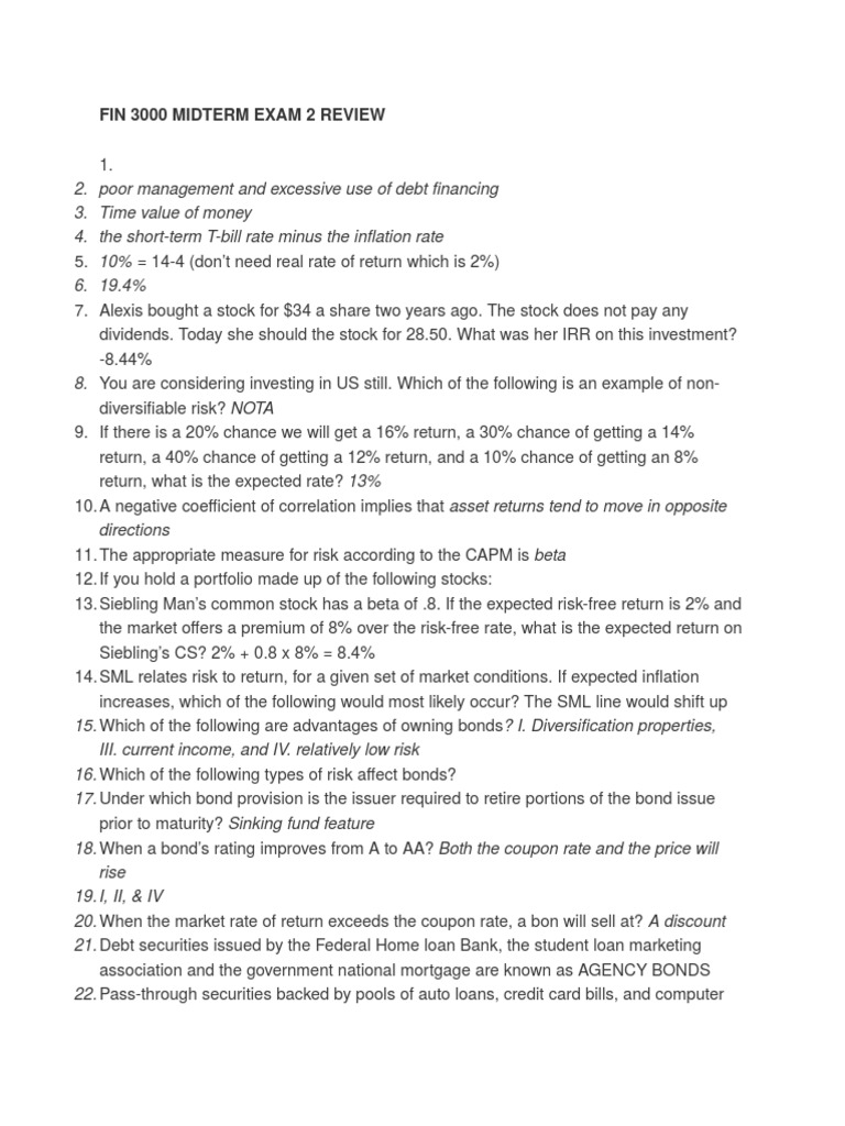 FIN 3000 Midterm Exam 2 Review Guide | PDF | Bonds (Finance) | Yield ...