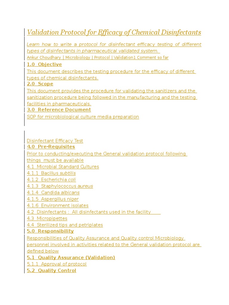 Validation Protocol For Efficacy of Chemical Disinfectants PDF