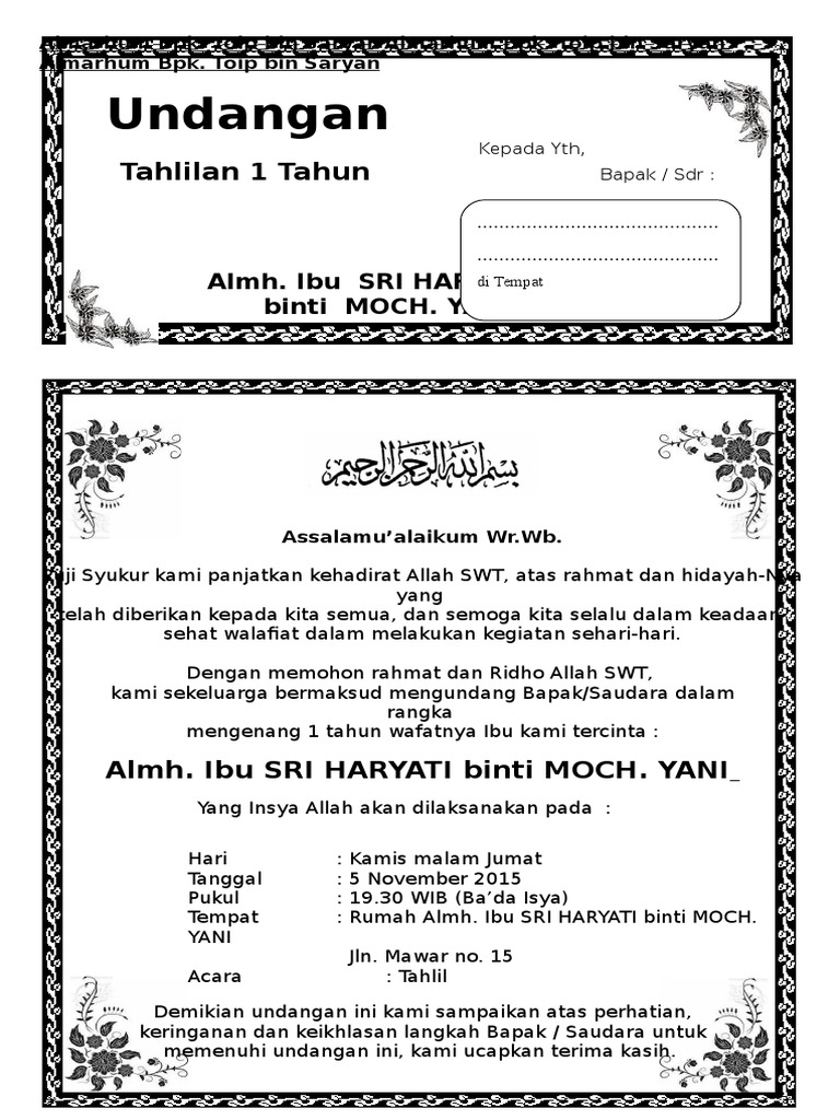 Surat Undangan Tahlil 1Tahun