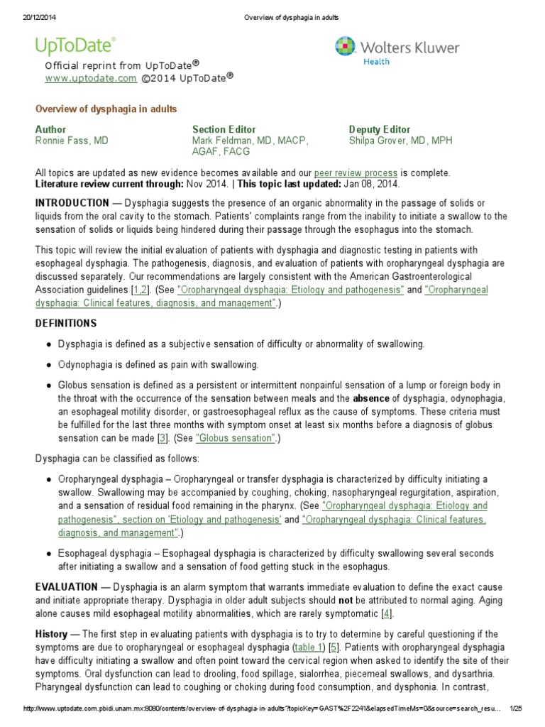 Overview of Dysphagia in Adults | PDF | Esophagus | Gastroesophageal ...