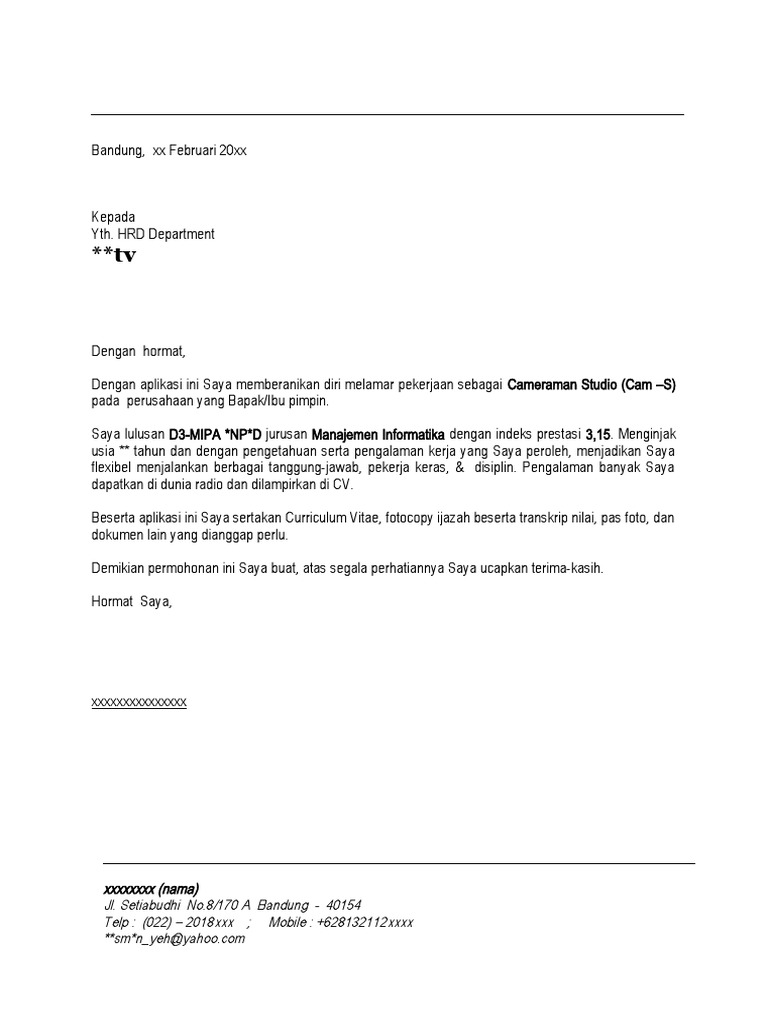 Surat Lamaran Ke Stasiun TV + CV (Lengkap)