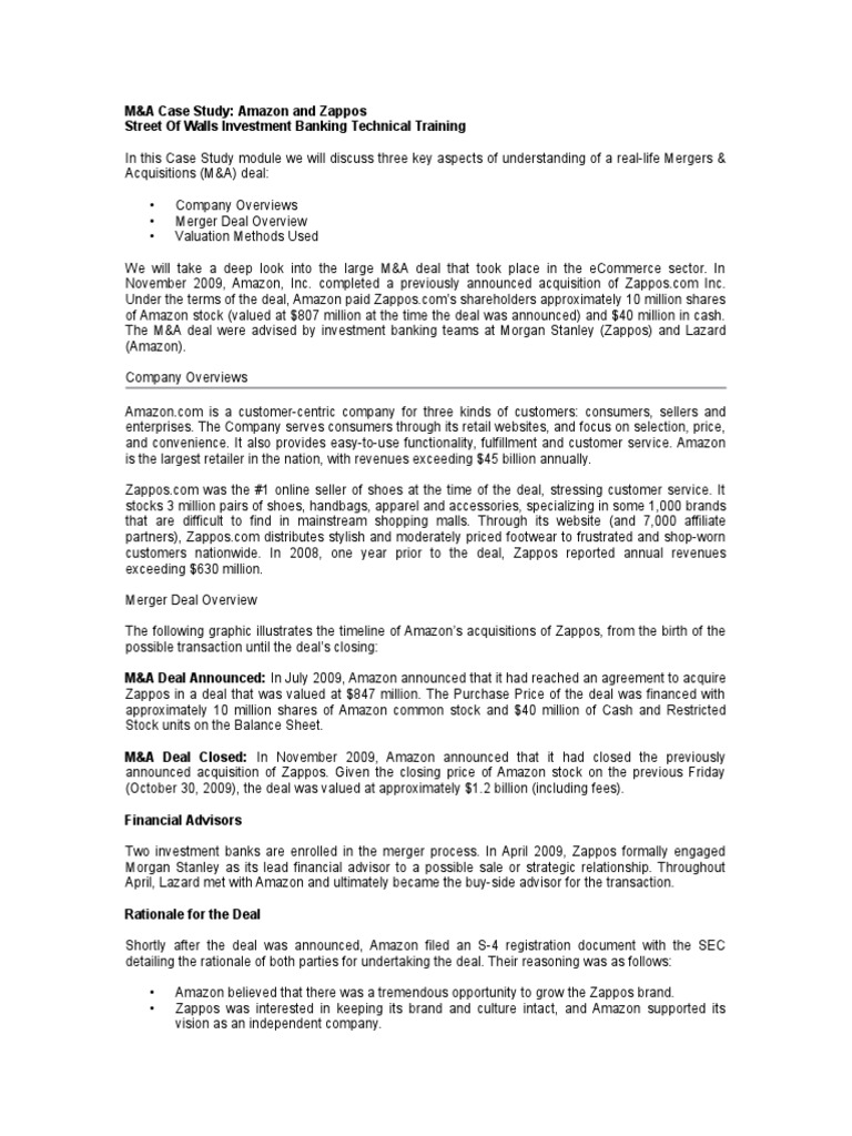 M&a Case Study Amazon and Zappos Discounted Cash Flow Mergers And Acquisitions
