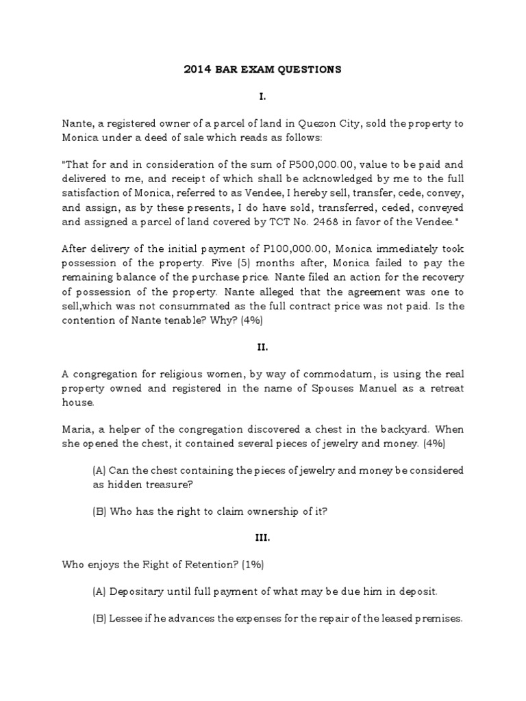 2014 Bar Exam Questions PDF Lease Civil Law Law)