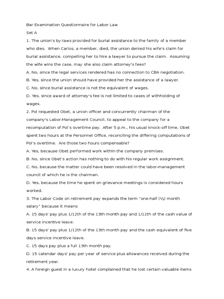 Bar Examination Questionnaire for Labor Law United States Labor Law