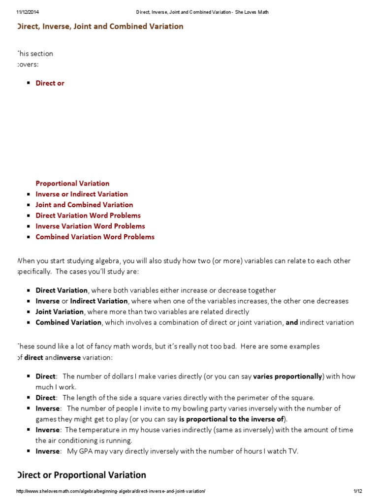 worksheet Direct Variation Word Problems Worksheet direct inverse joint and combined variation she loves math calculus of variations variable mathematics