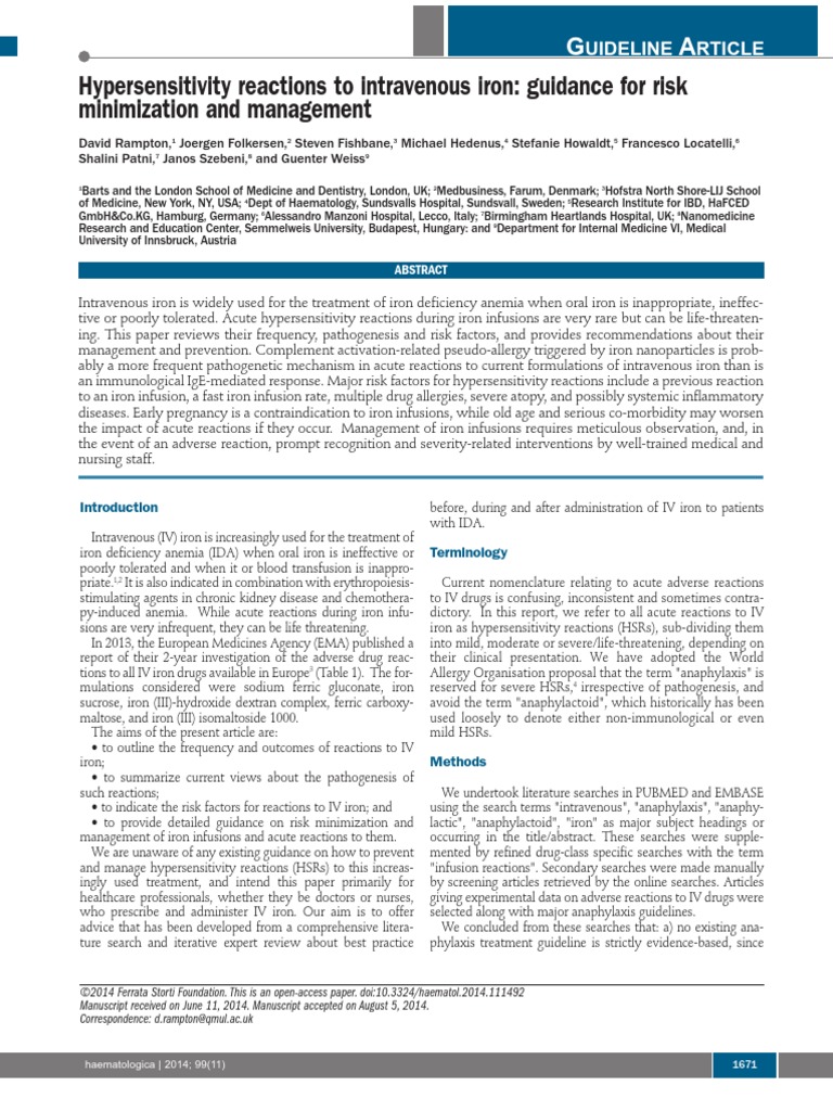 Hypersensitivity Reactions to Intravenous Iron Intravenous Therapy Adverse Effect