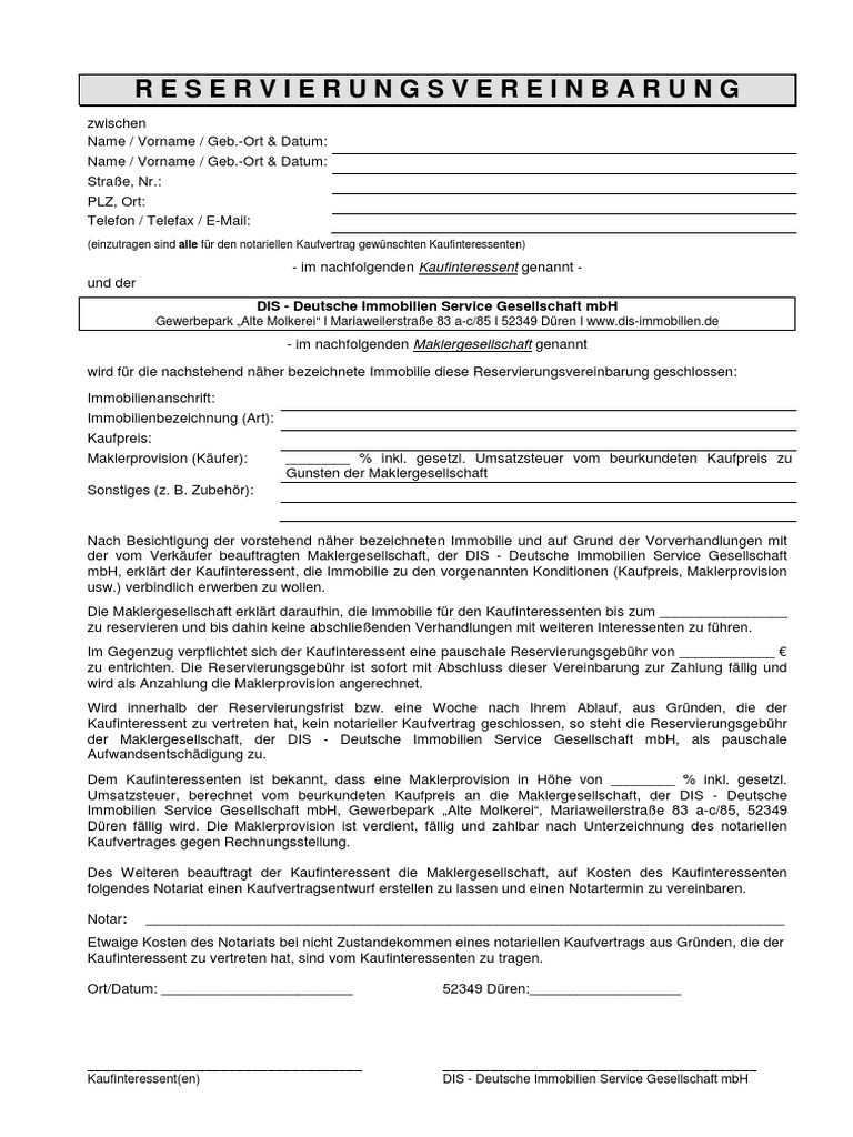 Reservierungsvereinbarung Immobiliemakler 02 2014 Pdf
