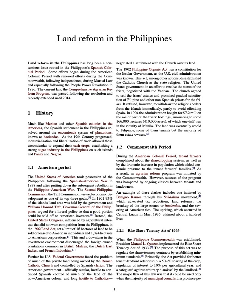 Land Reform in The Philippines PDF Government Philippines