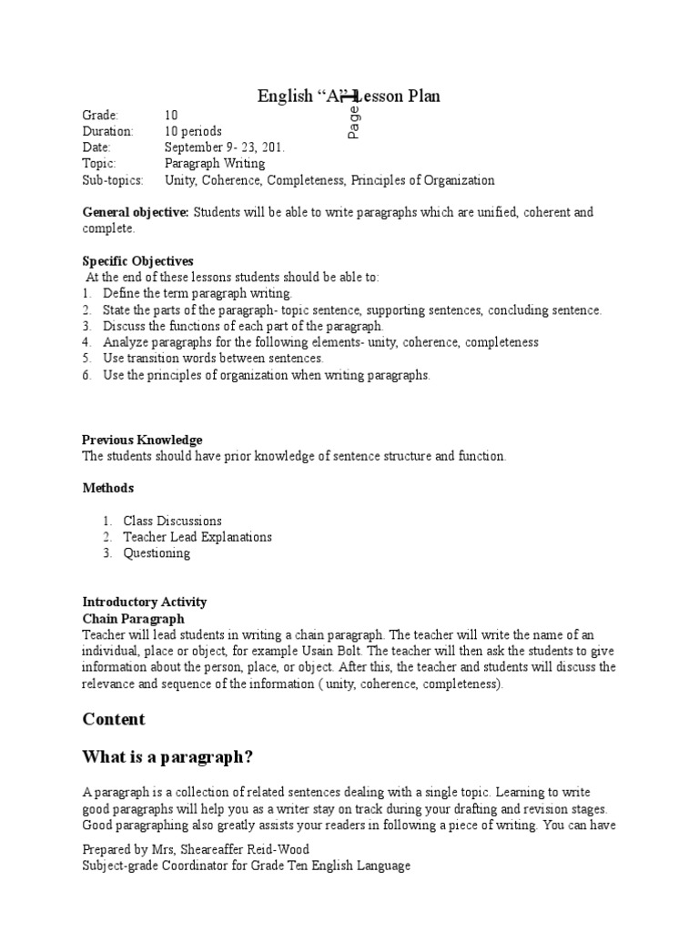 paragraph writing lesson plan