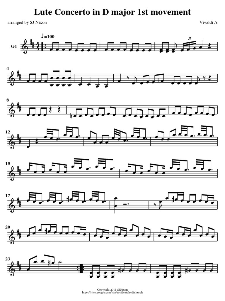 Lute Concerto in D Major 1st Movement Score and Parts Compositions