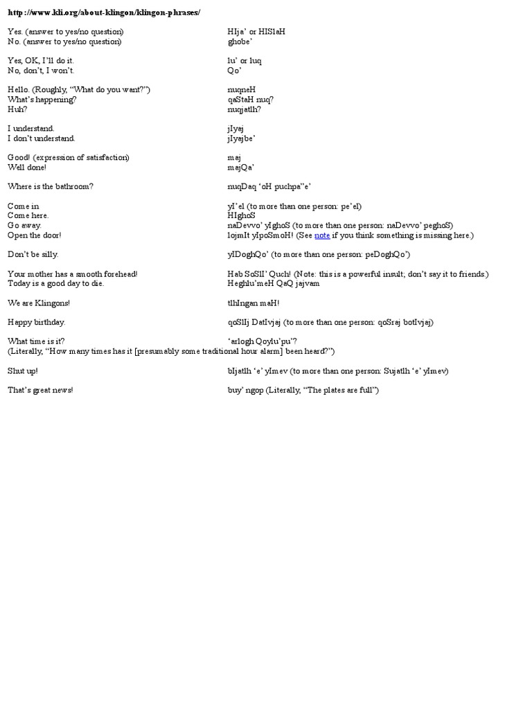 Klingon Phrases Star Trek Species Star Trek Alien Characters