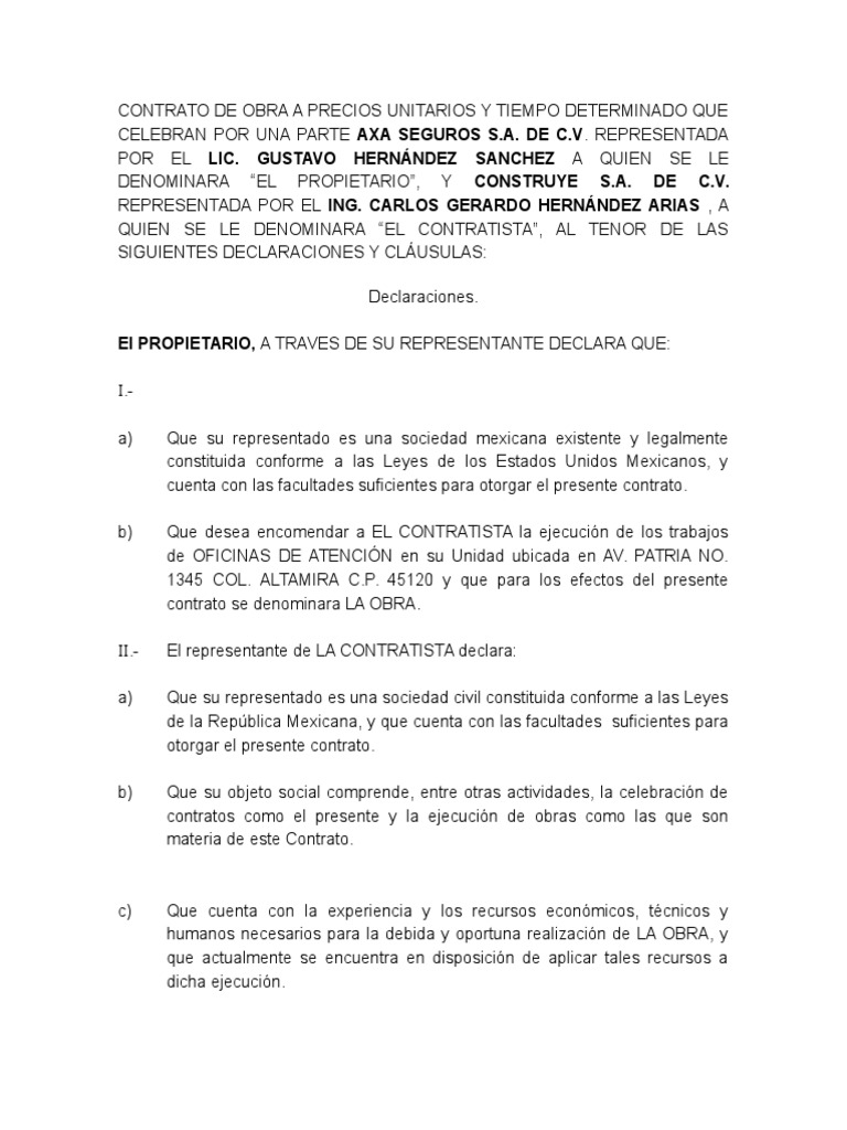 Contrato A Precios Unitarios Pena Capital Propiedad