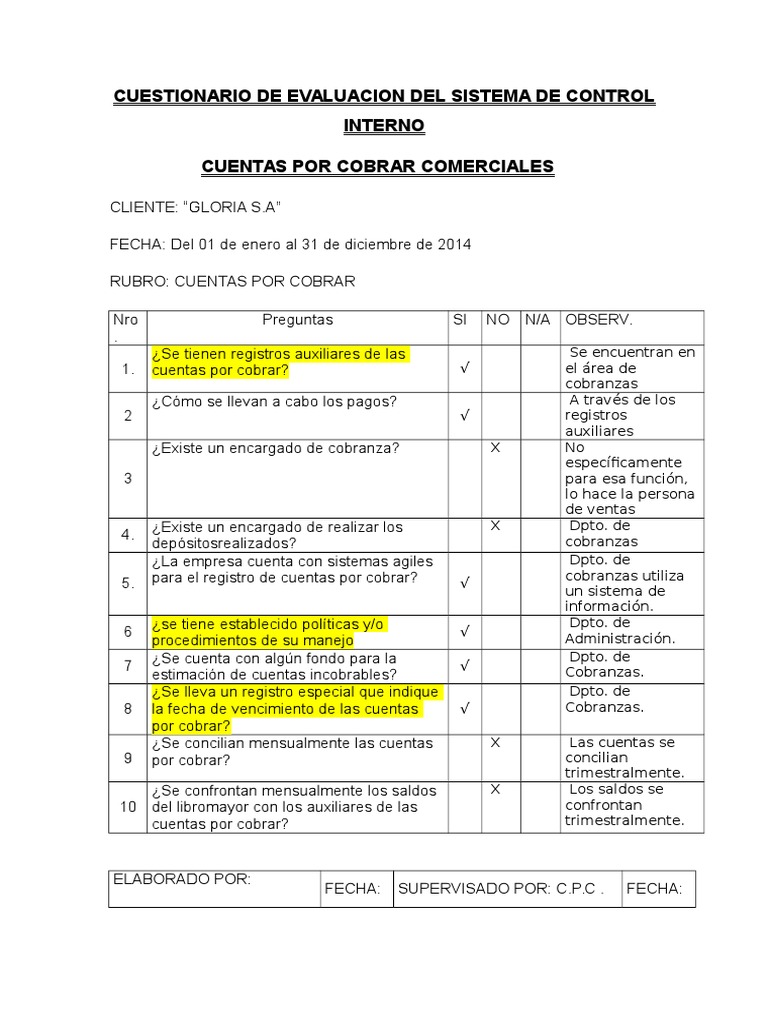 Cuestionario De Control Interno Auditor a Industrias De Servicio