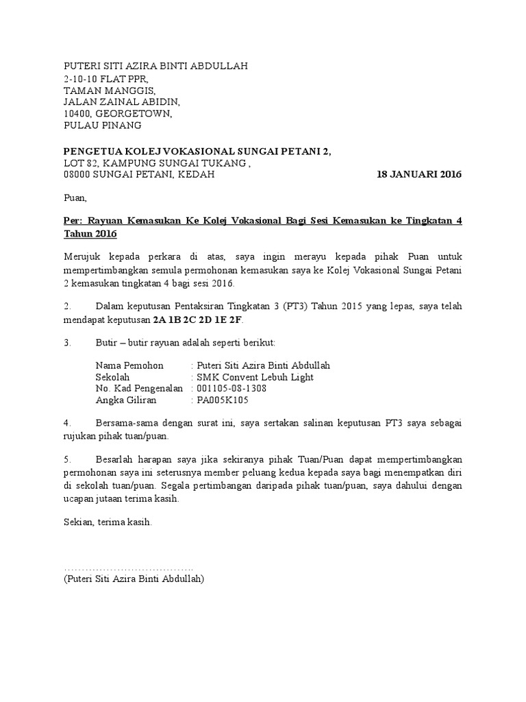 Contoh Surat Rayuan Kolej Vokasional Pdf