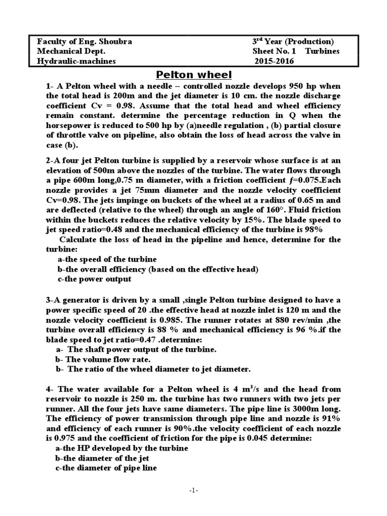 Sheet 1 Pelton Wheel | PDF | Turbine | Jet Engine