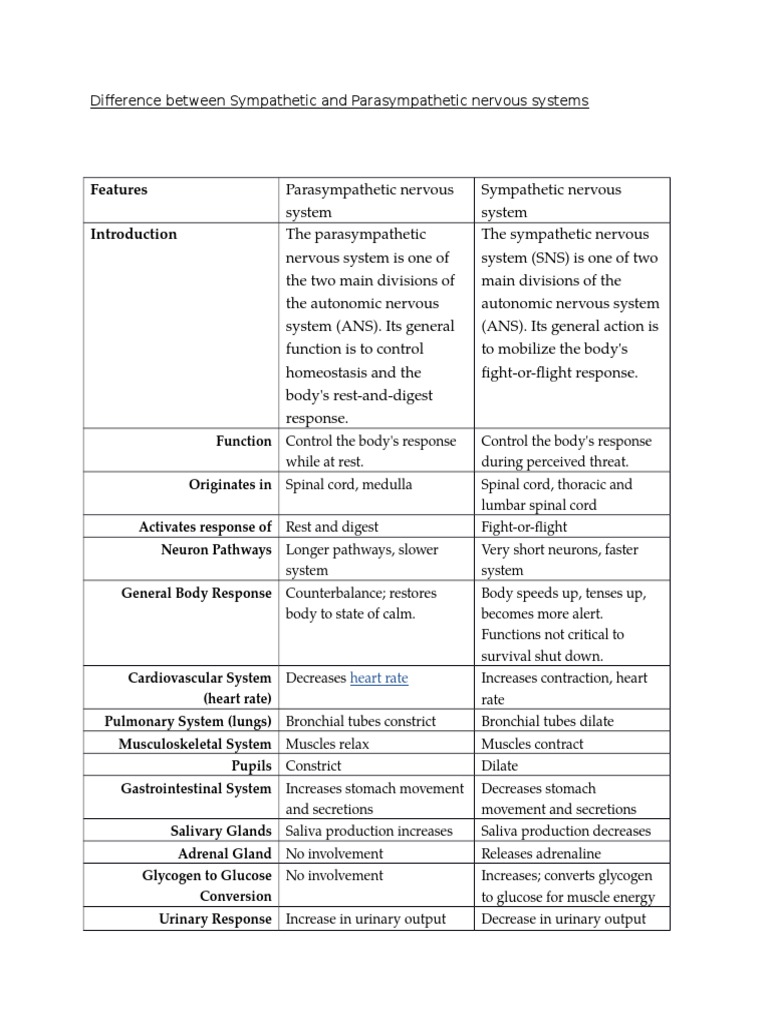 Difference Between Sympathetic and Parasympathetic Nervous Systems | PDF