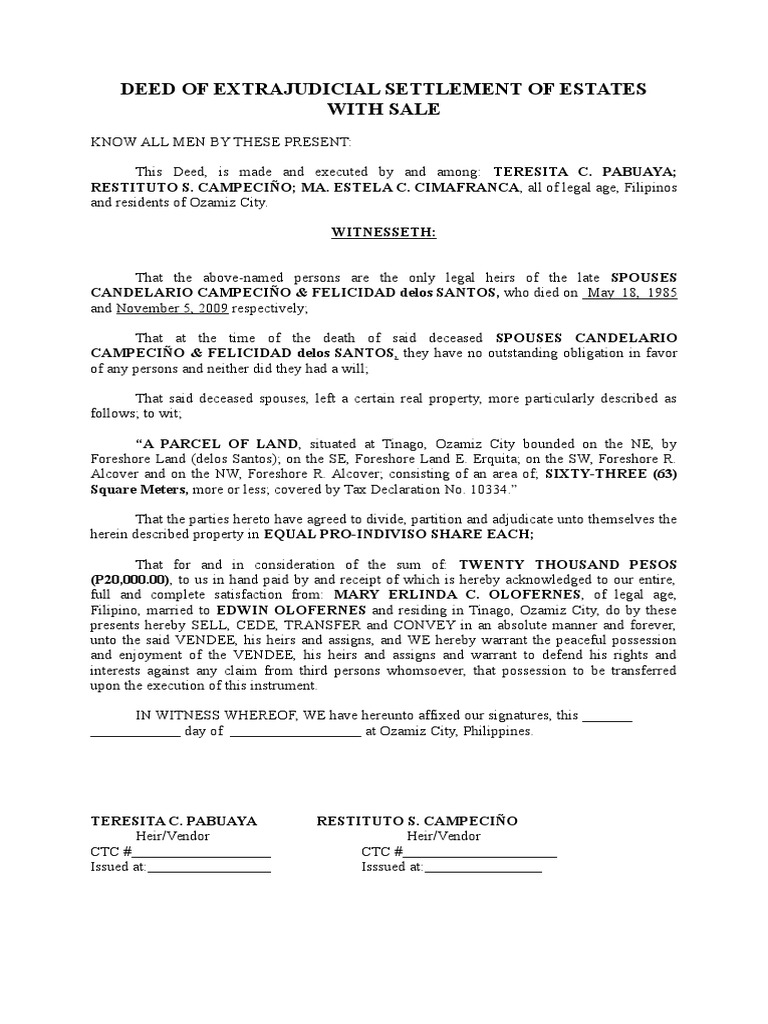 Deed of Extrajudicial Settlement of Estates With Sale | PDF | Deed ...