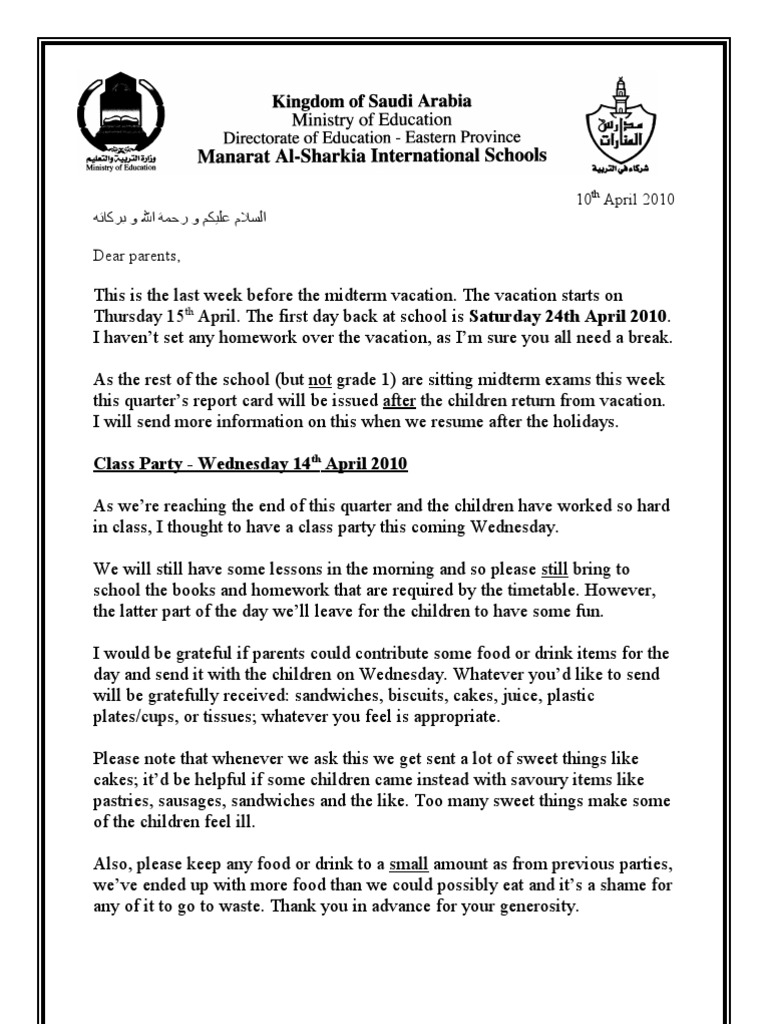 Letter 10-04-10 - Party & End of Midterm Info | PDF