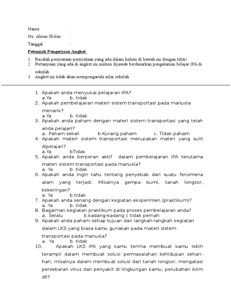Angket Instrumen Pra Penelitian Skripsi