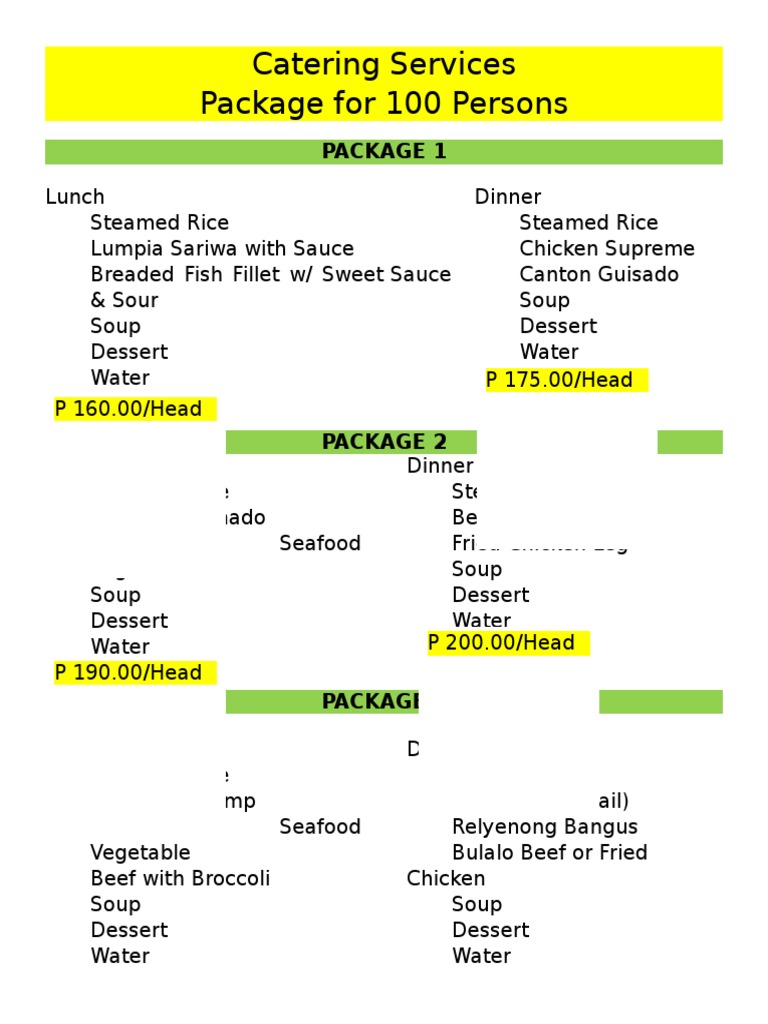 Catering Services Package For 100 Persons | PDF | Lunch | Soup