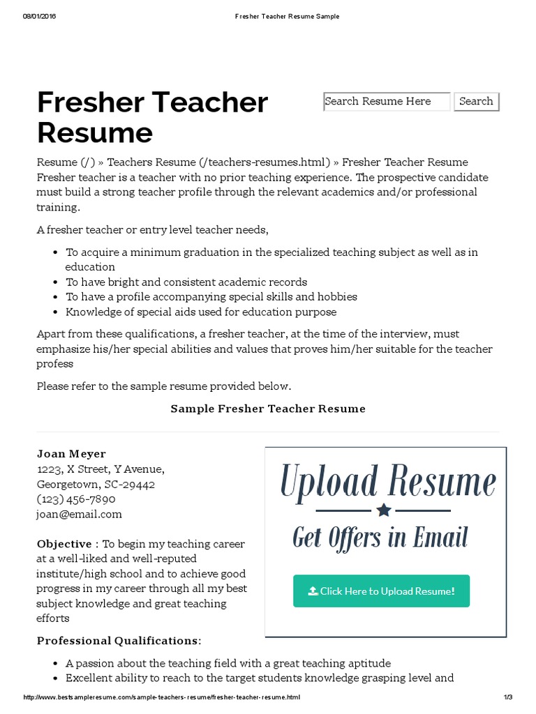 Fresher Teacher Resume Sample | PDF | Résumé | Teachers