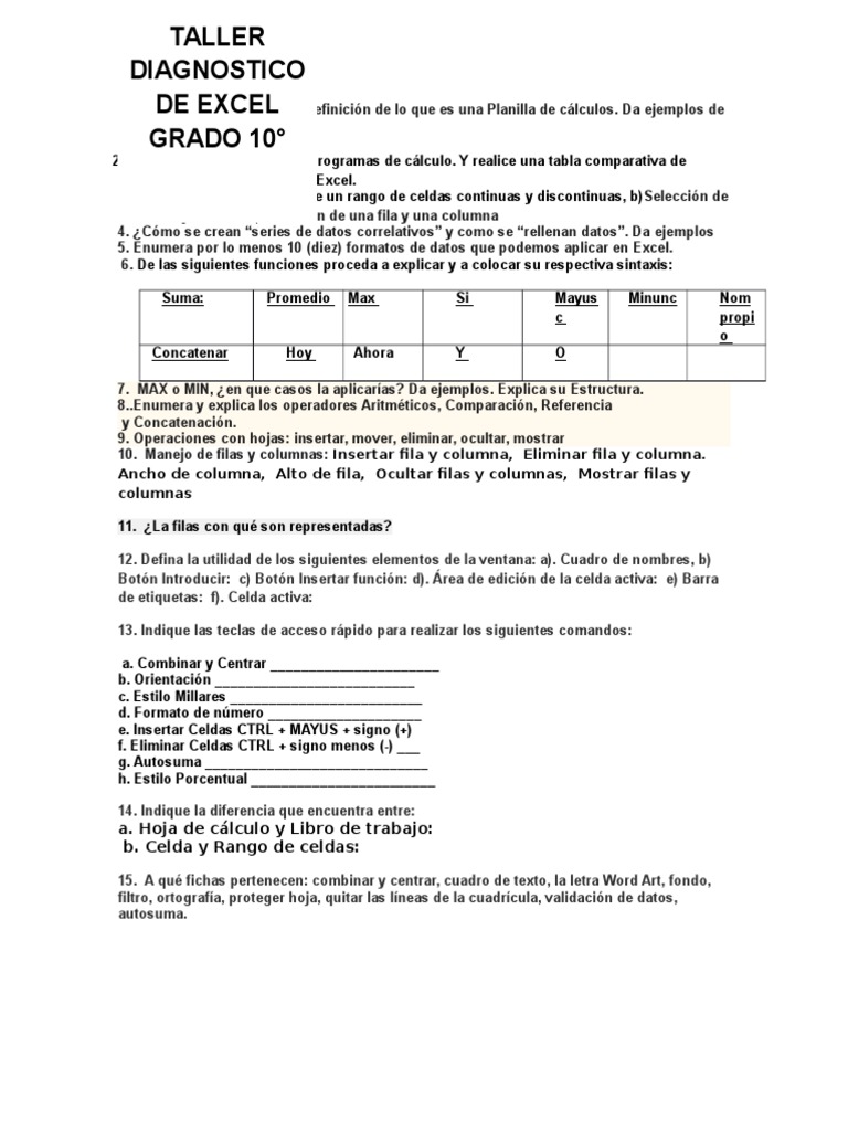 Taller Diagnóstico de Excel Grado 10° | PDF