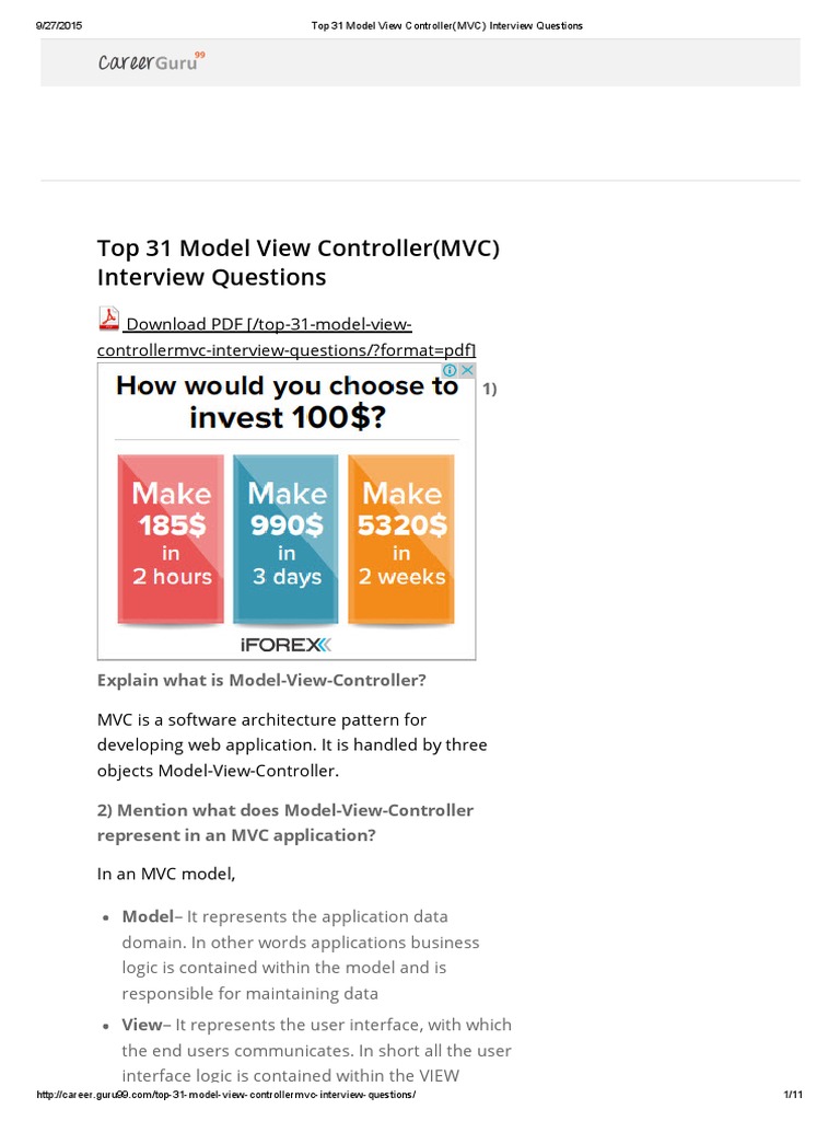 MVC Interview Questions Guide | PDF | Model–View–Controller | Computer ...