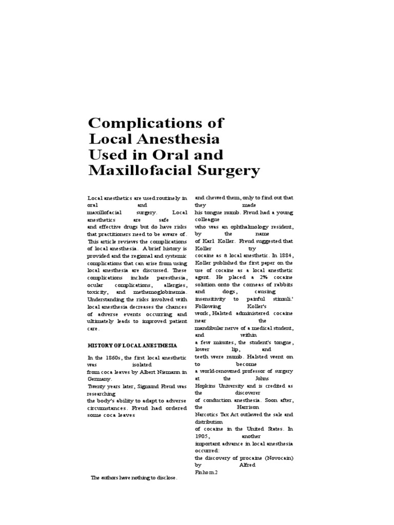 Complications of Local Anesthesia PDF Anesthesia Health Sciences