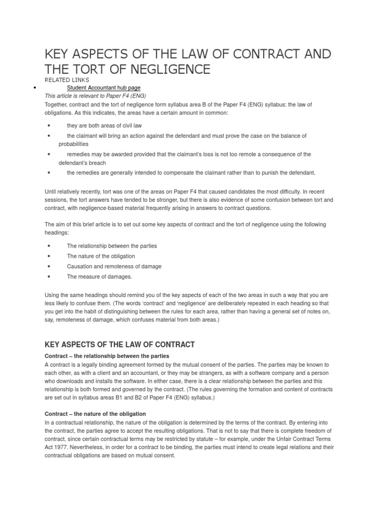Key Aspects of the Law of Contract and the Tort of Negligence