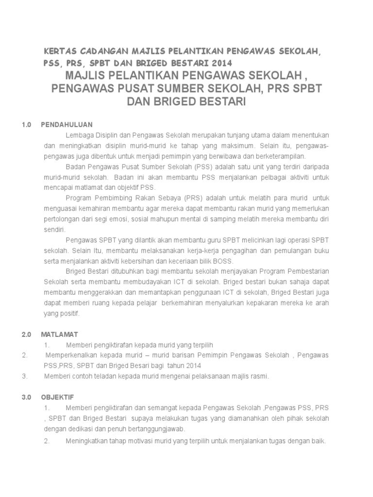 Kertas Cadangan Majlis Pelantikan Pengawas Sekolah Pdf