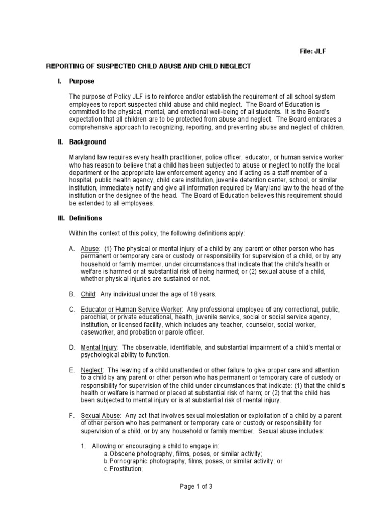 Reporting Child Abuse and Neglect Policy | PDF | Child Neglect | Child ...