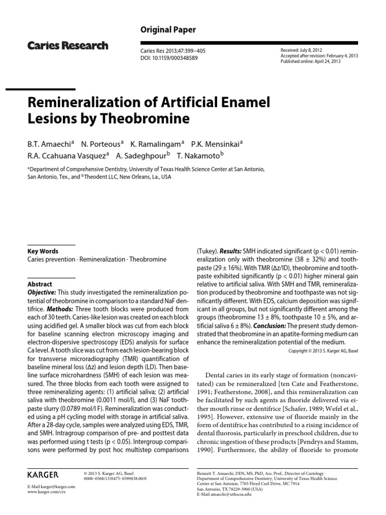 Remineralization of Artificial Enamel Lesions by Theobromine | PDF ...