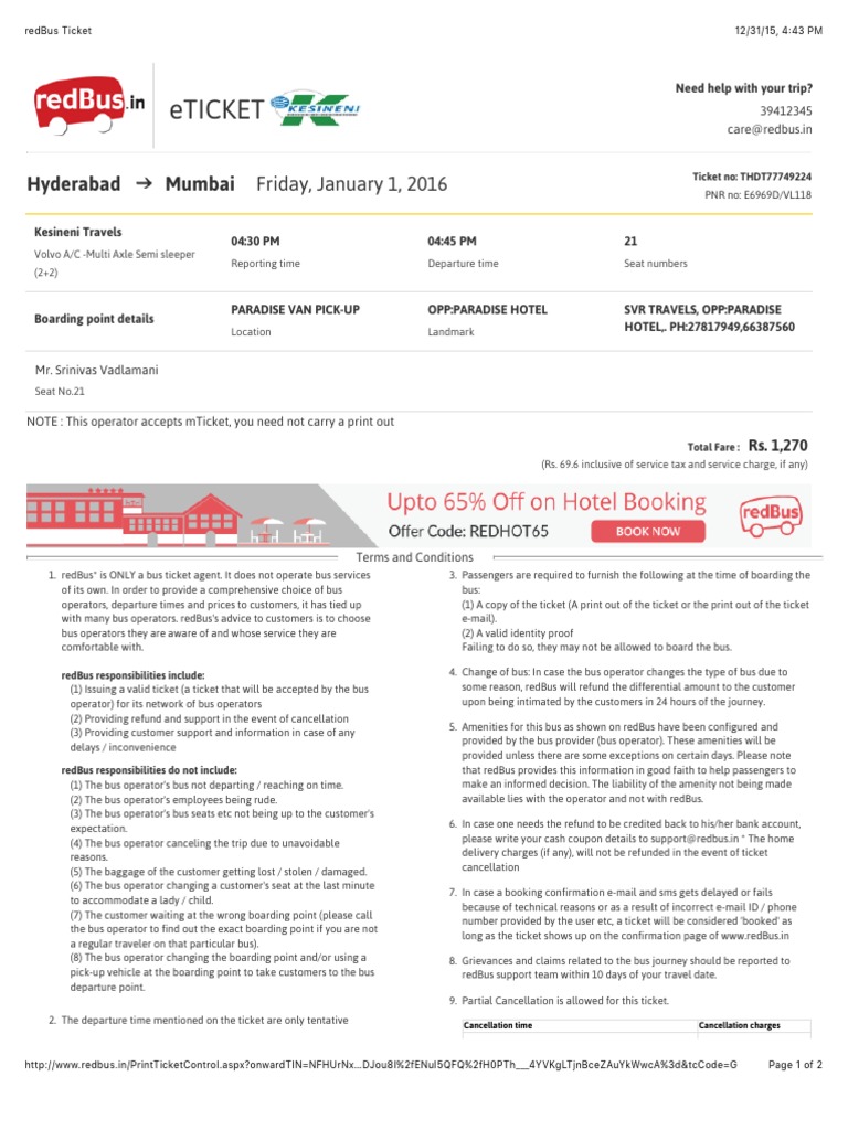 RedBus Ticket Billet Admission Bus