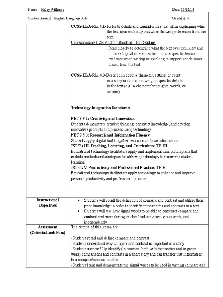 Compare and Contrast Lesson Plan | PDF | Educational Technology ...
